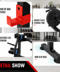 Detail view of All-In-One Adjustable Weight Bench with leg extension, bar catches, weight plate storage, and non-slip base.