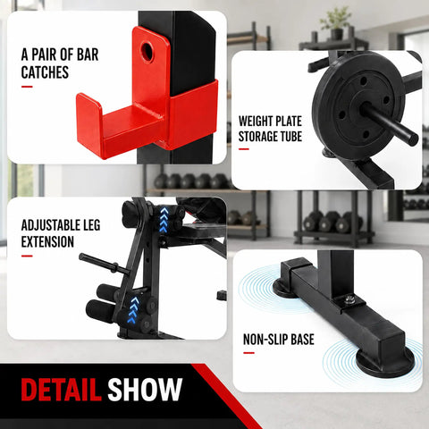 Detail view of All-In-One Adjustable Weight Bench with leg extension, bar catches, weight plate storage, and non-slip base.