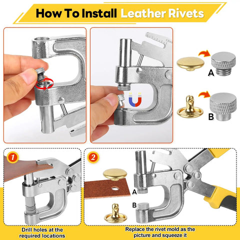 2-In-1 Leather Rivet and Magnetic Snap Fastener Kit With Pliers, 180-Piece Set installation instructions diagram