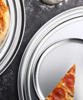 Pro Grade Restaurant Aluminum Pizza Pan 14-Inch Coupe Style Baking Tray Pack Of 6 For Commercial Kitchens with pizza slice