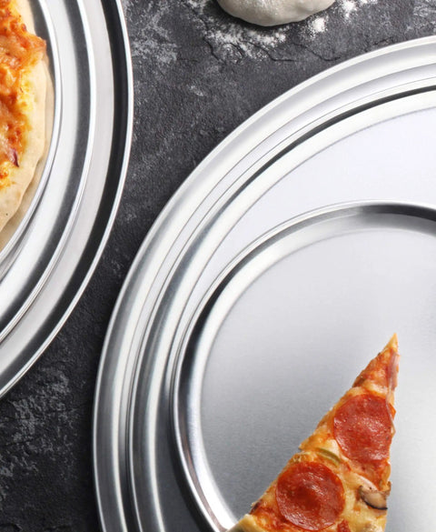 Pro Grade Restaurant Aluminum Pizza Pan 14-Inch Coupe Style Baking Tray Pack Of 6 For Commercial Kitchens with pizza slice
