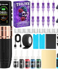 All In One Wireless Tattoo Pen Kit With OLED Display For Beginners Includes Cartridges Practice Skin Ink Cups Gloves Type C Cable And 2400mAh Battery For At Home Tattoo Practice showing all components