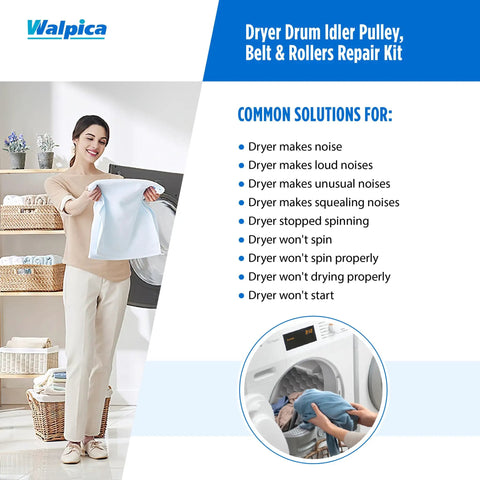 Woman holding laundry with Dryer Repair Kit With Belt And Idler Pulley 4392067 W10837240 text panel