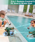 Kids playing with Amphibious RC Car Boat for Kids Ages Five to Twelve, Water Squirting Remote Control Vehicle with Lights by a pool.