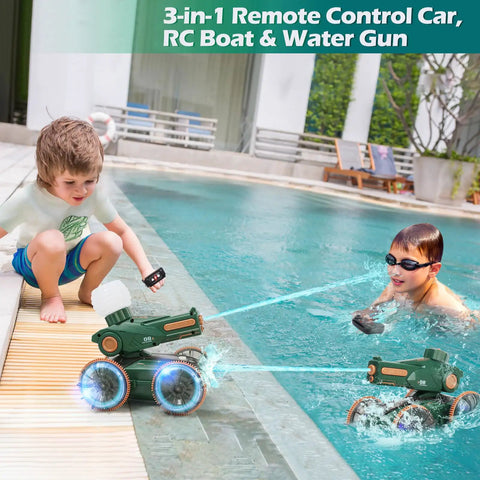 Kids playing with Amphibious RC Car Boat for Kids Ages Five to Twelve, Water Squirting Remote Control Vehicle with Lights by a pool.