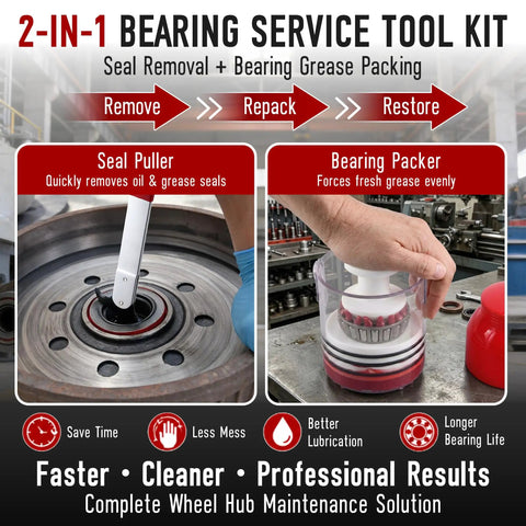 Two In One Bearing Packer And Seal Puller Tool Kit in use for wheel hub maintenance