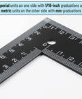 Close-up of a Metal Carpenter Square Ruler L Shape Right Angle 8 By 12 Inch with Imperial and Metric Measurements, 1/16 inch graduations.