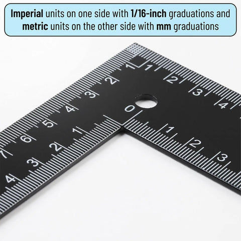 Close-up of a Metal Carpenter Square Ruler L Shape Right Angle 8 By 12 Inch with Imperial and Metric Measurements, 1/16 inch graduations.