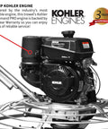46-Inch Gas Concrete Wet Power Trowel With Kohler 14HP CH440 Engine, Includes Blades And Float Pan, Adjustable Blade Pitch 0-28 Degrees, Close-Wall Edge Work With Independent Flywheels, 3-Year Warranty, A Real Workhorse. Kohler engine close-up on power trowel