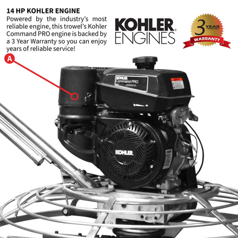 46-Inch Gas Concrete Wet Power Trowel With Kohler 14HP CH440 Engine, Includes Blades And Float Pan, Adjustable Blade Pitch 0-28 Degrees, Close-Wall Edge Work With Independent Flywheels, 3-Year Warranty, A Real Workhorse. Kohler engine close-up on power trowel
