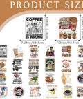 Funny Coffee Iron On Transfers Set With 24 Sheets Ready To Press DTF Patches For T Shirts Clothes DIY Crafts Bags Pillows Hoodies Appliques Great For Women, showcasing colorful coffee-themed designs including cups, quotes, and humorous graphics, sized 7.28in square.