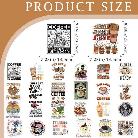 Funny Coffee Iron On Transfers Set With 24 Sheets Ready To Press DTF Patches For T Shirts Clothes DIY Crafts Bags Pillows Hoodies Appliques Great For Women, showcasing colorful coffee-themed designs including cups, quotes, and humorous graphics, sized 7.28in square.