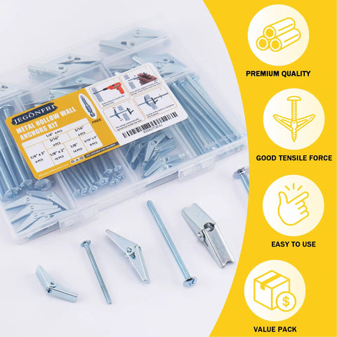 Heavy Duty Toggle Bolts For Drywall Hollow Wall Anchors Kit With Driver Bit, 30 Sets, labeled parts and benefits diagram