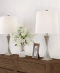 Set Of 2 Mid Century Modern Table Lamps With Metal Flared Trumpet Bases, Energy Efficient Led Bulbs Included, Silver Finish, Drum Shades