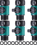Six Pack Garden Hose Shut Off Valves With Three Quarter Inch Thread Anti Leak Plastic Hose Connectors And Rubber Gaskets Easy Turn Off For Sprinklers Nozzles Spigots And More Green, showing valves with black levers and rubber gaskets