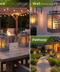 Outdoor Solar Lanterns With Flickering Flame 2 Pack Rustproof Metal LED Lights in patio, garden, and pathway settings