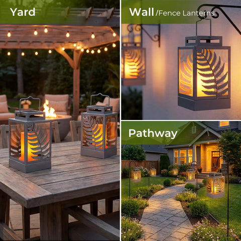 Outdoor Solar Lanterns With Flickering Flame 2 Pack Rustproof Metal LED Lights in patio, garden, and pathway settings
