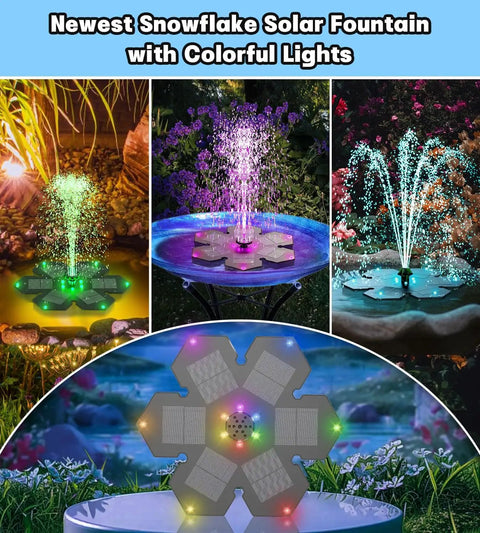 Solar Snowflake Fountain Upgraded 3.5W Power, Double Layer Colorful LED Lights, 2000mAh Battery, 7 Nozzles And 4 Fixes in garden