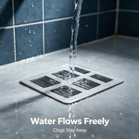 Water flowing over an 80Pcs 4x4 Disposable Hair Drain Stickers Anti Blocking drain cover, preventing clogs.