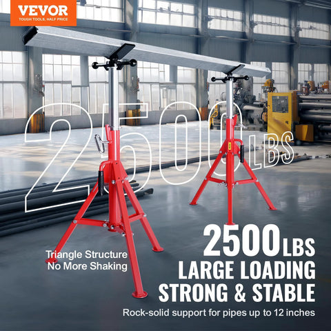VEVOR V-Head pipe stands, red steel, adjustable 28–52 in, fits 1/8–12 in pipes, 2500 lb capacity