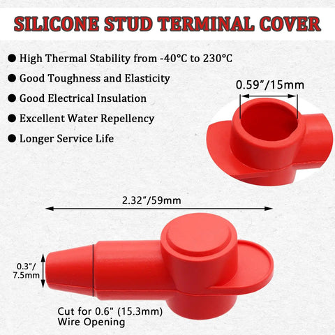 Red silicone stud terminal cover for 15mm wire opening, insulated cap for battery and marine wiring