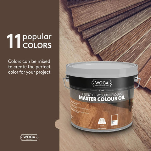Master Color Oil White Wood Finish And Stain Plant Based Penetrating Oil For Furniture Floors Trim And Cabinets 2.5L container with wood samples.