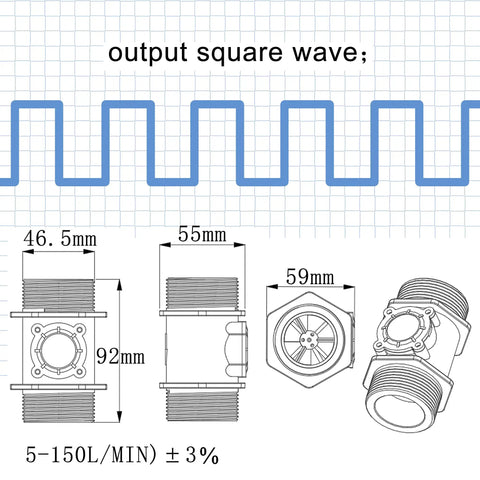 Diagram of Go-To 1.5 Inch Water Flow Meter With Hall Effect Sensor Switch Pulse Output 10-150 LPM dimensions and square wave output.