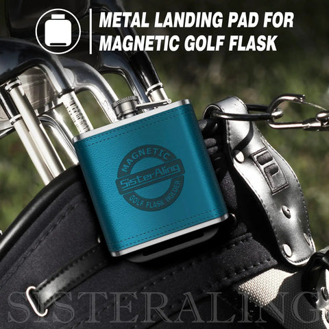 Magnetic Landing Pads For Golf Accessories Towel Rangefinder Flask And Speaker With Quick Access Mounts On Your Golf Bag Built For Easy Reach And Total Organization Patent US Design Gift For Golfers. Blue flask attached to metal landing pad on golf bag showcasing secure hold.