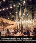 Cozy outdoor cafe with 2 Pack 100ft Outdoor String Lights With G40 Shatterproof LED Bulbs illuminating the patio and seating area.