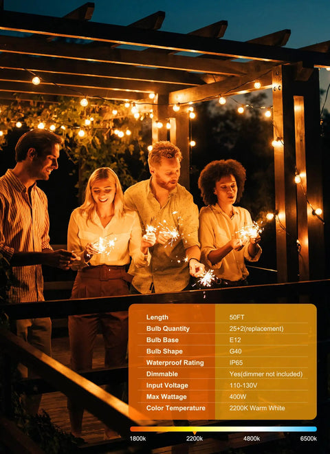 Outdoor String Lights 50 Foot Long With 25 Plus 2 G40 LED Bulbs Shatterproof Patio Lights IP65 Waterproof Dimmable on pergola