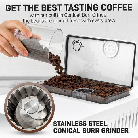 No Hassle Super Automatic Espresso Maker With Built In Grinder And Creamy Milk Frother, 19 Killer Drink Options Like Lattes And Cappuccinos, Self Cleaning Top Shelf Coffee Machine For Chill Mornings with conical burr grinder and coffee beans.