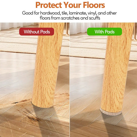 Comparison of floor scratches with and without Beige Premium Furniture Felt Pads 300 Pack Self Adhesive Anti Scratch Floor Protectors.