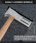 Pro Grade Magnetic Roofing Hammer With Solid Hardwood Handle And Round Striking Surface Magnet For Badass Quick Nailing Shingle Jobs Without Breaking A Sweat All Day on shingle surface, angled for easy use.