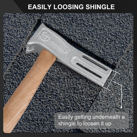 Pro Grade Magnetic Roofing Hammer With Solid Hardwood Handle And Round Striking Surface Magnet For Badass Quick Nailing Shingle Jobs Without Breaking A Sweat All Day on shingle surface, angled for easy use.