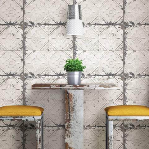 Vintage Tin Tile Peel And Stick Wallpaper For Easy DIY Makeover That Slays, Repositionable And Removable With No Residue, Safe For Walls shown