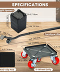Heavy Duty Furniture Dolly Set Featuring 20 Wheels With Smooth Rolling Swivel Casters For Effortless Moving And Sliding Heavy Appliances, Sofas, and Couches. Includes Lifter Crowbar Tool For Easy Lifting And Safe Transportation Of Large Items Around Your, image showing specifications of furniture lifter, anti-slip pad, and dolly.