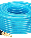 Reinforced Polyurethane Air Hose Pro Grade Heavy Duty One Quarter Inch Inner Diameter Fifty Feet Long For Air Compressors Flexible And Weather Resistant With Repairable Swivel Solid Brass One Quarter Inch Quick Coupler And Plug 300 PSI Blue coiled