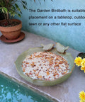 Ceramic Bird Bath For Outdoors On Ground, 9.5 Inch Green Bowl, Ground Bird Feeder And Waterer For Garden, Lawn, with decorative stones.
