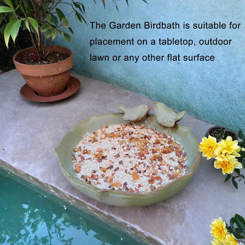 Ceramic Bird Bath For Outdoors On Ground, 9.5 Inch Green Bowl, Ground Bird Feeder And Waterer For Garden, Lawn, with decorative stones.