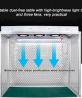 Top Shelf Aluminum Clean Bench Workstation With Dead Simple Triple Fan Ventilation And Electrostatic Curtain For Labs And Cleanrooms Built Tough With Heavy Duty Silicone Pad Quick Snap Assembly Gonna Love This Rig showing a portable dust-free table with three fans and bright light for lab use.