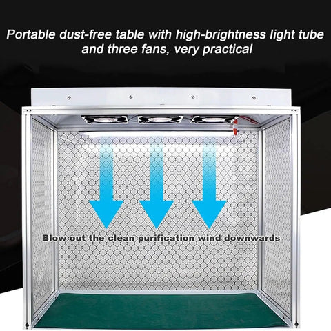 Top Shelf Aluminum Clean Bench Workstation With Dead Simple Triple Fan Ventilation And Electrostatic Curtain For Labs And Cleanrooms Built Tough With Heavy Duty Silicone Pad Quick Snap Assembly Gonna Love This Rig showing a portable dust-free table with three fans and bright light for lab use.