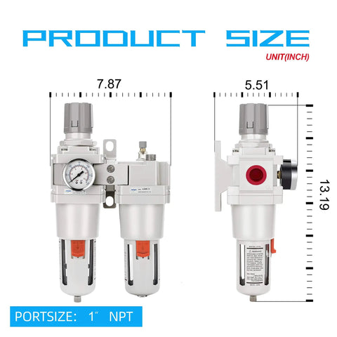 Front and side view of One Inch NPT Compressed Air Filter Regulator Lubricator Combo with gauge, metal bracket, and poly bowl.