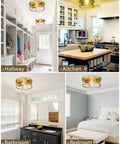 Gold Flush Mount Ceiling Light Fixture 12 Inch 2 Light Dimmable Modern Industrial Metal Fixture in hallway, kitchen, bathroom, bedroom.