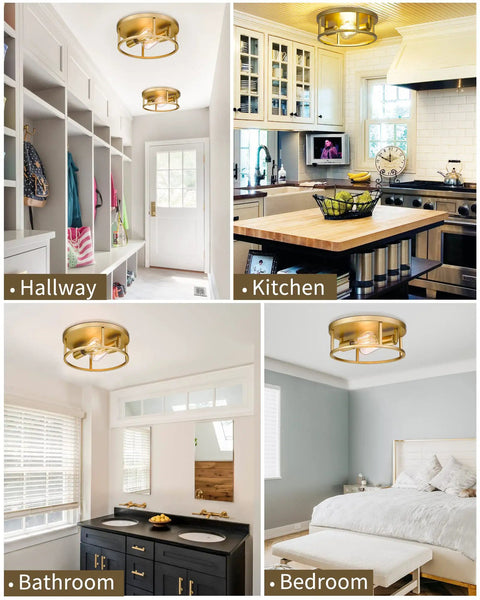 Gold Flush Mount Ceiling Light Fixture 12 Inch 2 Light Dimmable Modern Industrial Metal Fixture in hallway, kitchen, bathroom, bedroom.