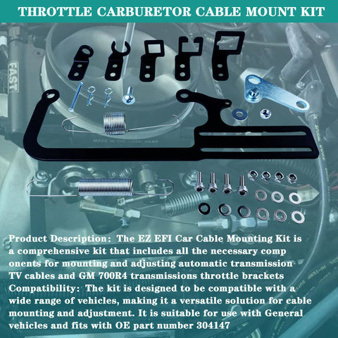 EZ EFI Cable Mount Kit for Carburetor Throttle Cable Bracket with TV Cable Routing and GM 700R4 Transmission Bracket Fitment Easy Install and Rugged Aluminum Mounts, black steel bracket kit