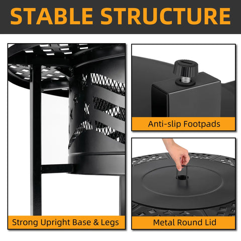Close-up of Big 42 Inch Outdoor Fire Pit With Two Grills For Wood Or Charcoal showing structure, anti-slip footpads, and metal lid.