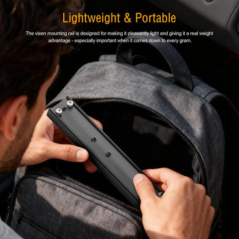 Man placing 21cm GP Prism Rail For Telescopes, Universal Aluminum Mounting Rail into backpack, showcasing portability
