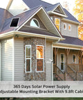 House exterior showing installed 6W Solar Panel Charger for outdoor cams with Micro USB and USB-C, IP66 waterproof, 360° mount.