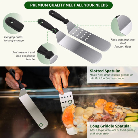 134 Piece Griddle Accessories Kit For Hibachi Flat Top Grills Perfect For Outdoor BBQs with beefed up spatulas in use