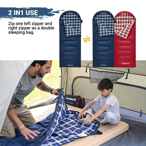 Family setting up a Lightweight Waterproof Kids Sleeping Bag For Cold Weather, Flannel Insulation, in a tent for camping use.